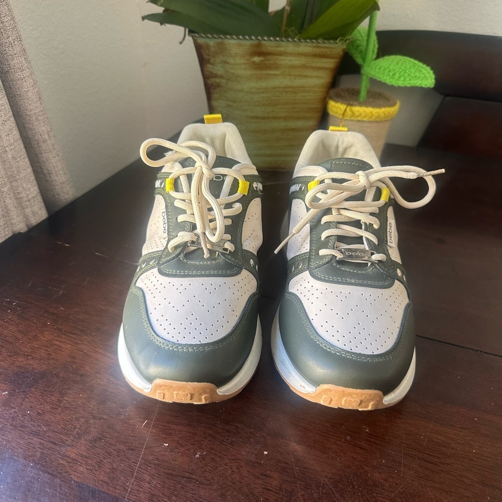 bebe Green and Cream Women's Fashion Sneakers with Yellow Accents